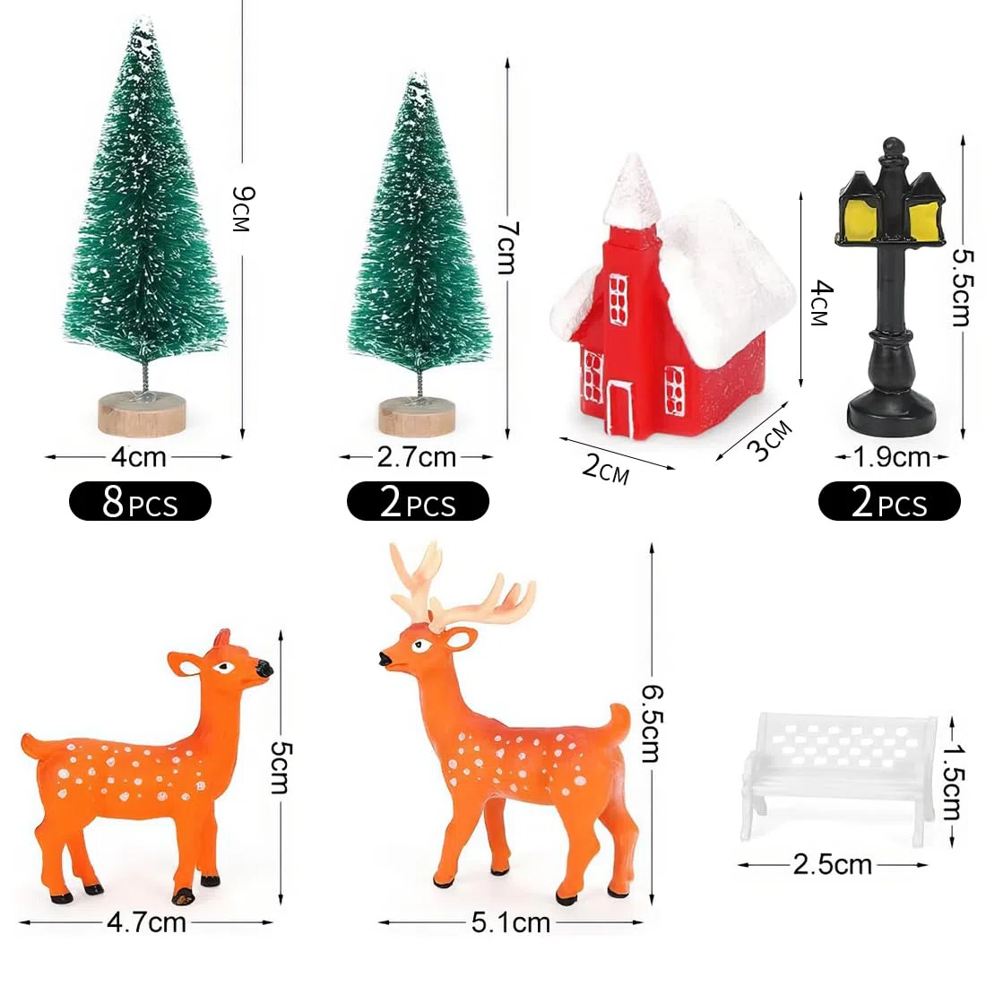 Bluelves 24 Stück Weihnachtliche Miniatur Ornamente und Figuren, Tischdeko mit Weihnachtsmann, Schneemann, Elch und Schneekugel
