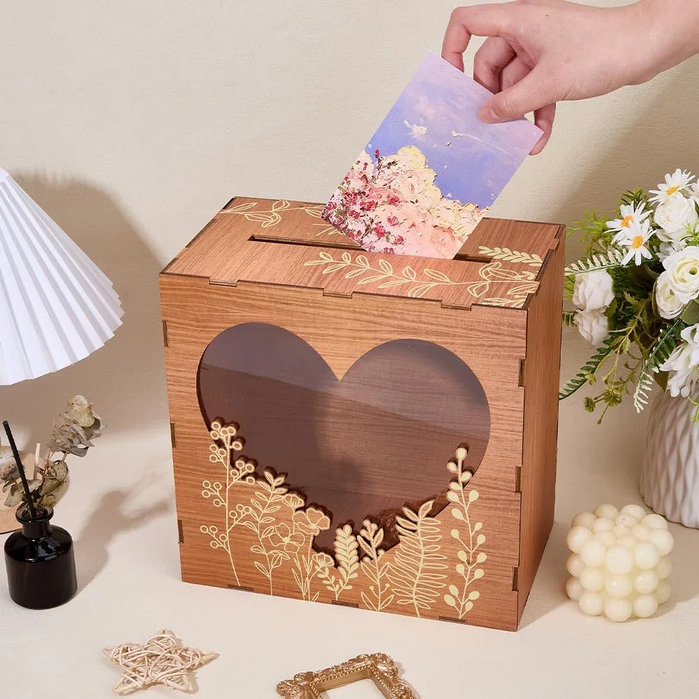 DICOSMETIC Holz Hochzeitskartenbox Hölzerne Kartenboxen Mit Schlitz 9.8x5.9x9.8 Zoll Rustikale Umschlag Geldbox Mit Herzfenster Geschenkkartenboxen Für Geburtstagsempfang Feier Abschlussfeier