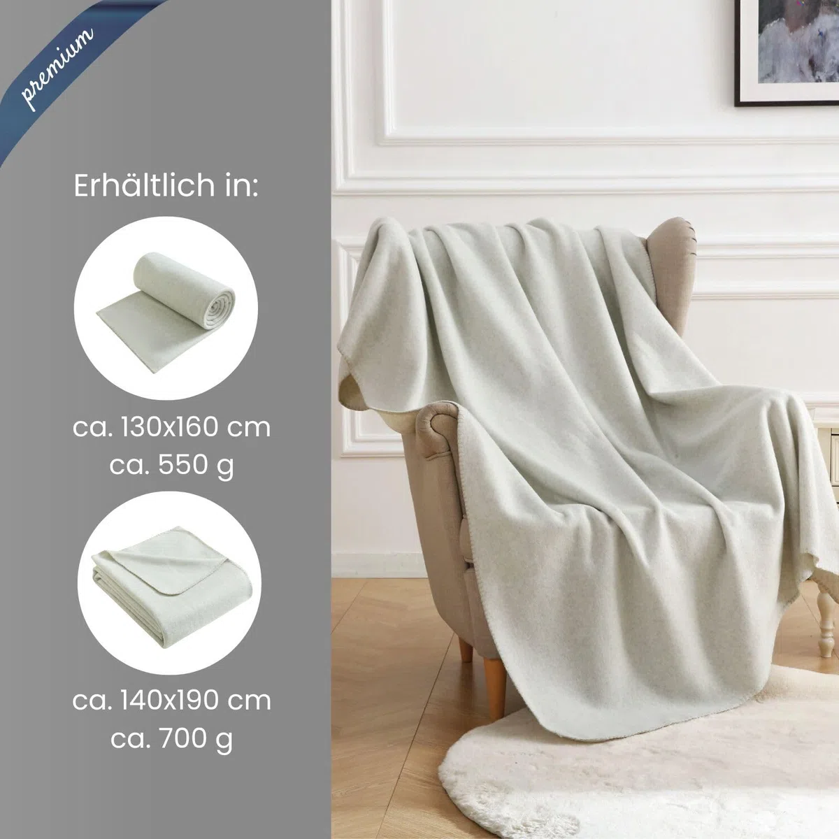 wometo Premium Fleecedecke Melange OekoTex 140x190 cm ca. 700g extra dick - weiß meliert (Bi-Color) mit Anti-Pilling und Qualitäts-Kettelrand