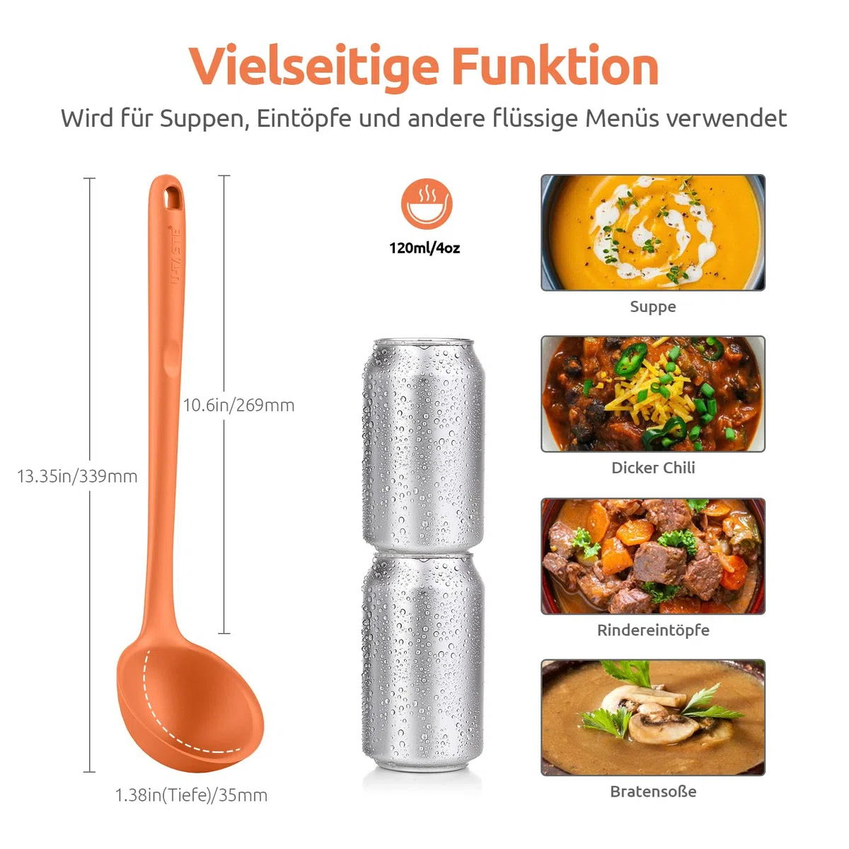 U-Taste 34 cm Silikon-Suppenkelle: 315℃ Hitzebeständige Antihaftbeschichtung aus nahtlosem Gummi Großer tiefer Servierlöffel für die Küche zum Kochen von Saucen Eintöpfen (Orange)