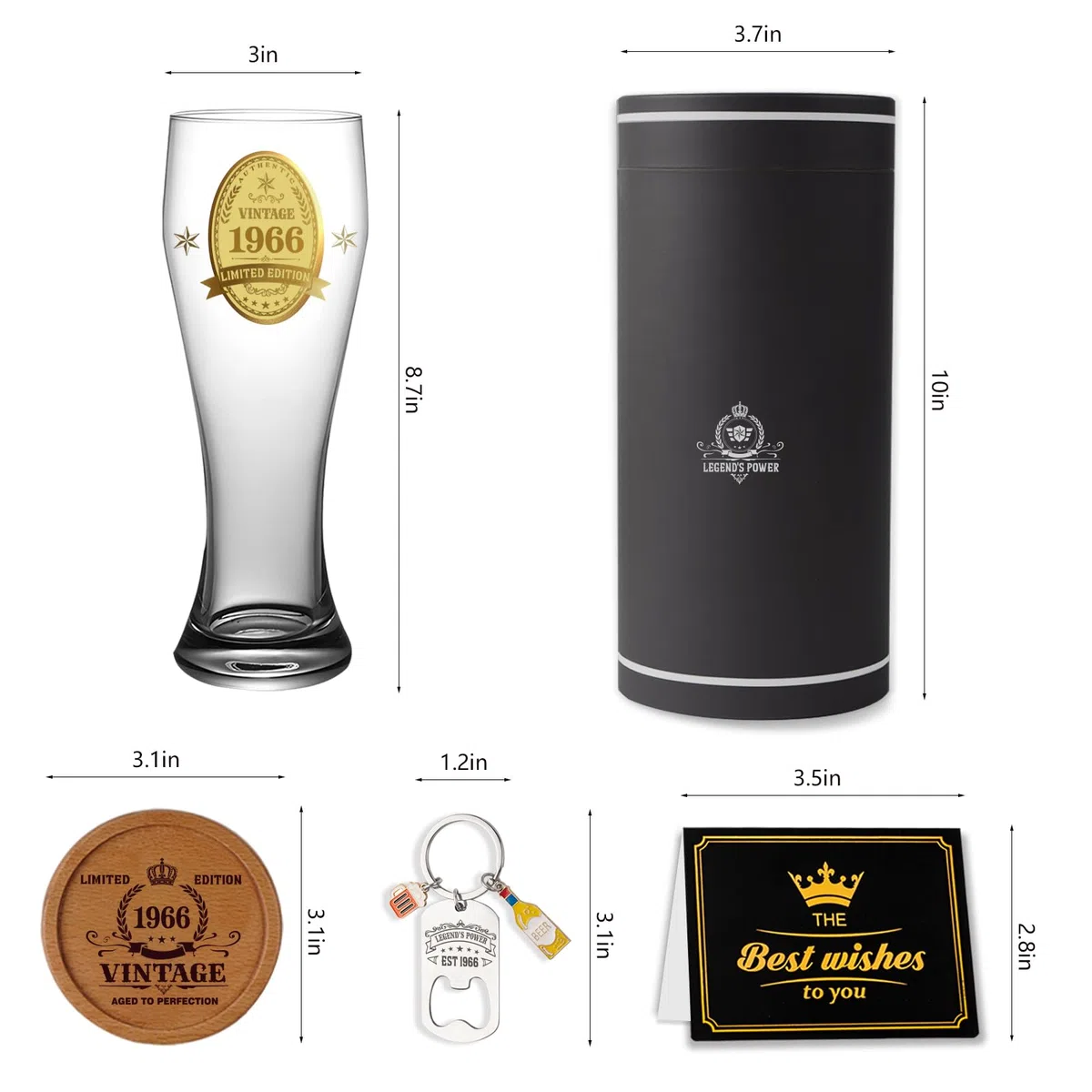 60. Geburtstag für Männer, Vintage 1966 Geburtstagsgeschenke Männer, 60 Geldgeschenke Geburtstag Frau Mann, 1966 Bierglas Gravur mit Flaschenöffner, Holzkissen, Geschenkkarton, Grußkarten, 580ml