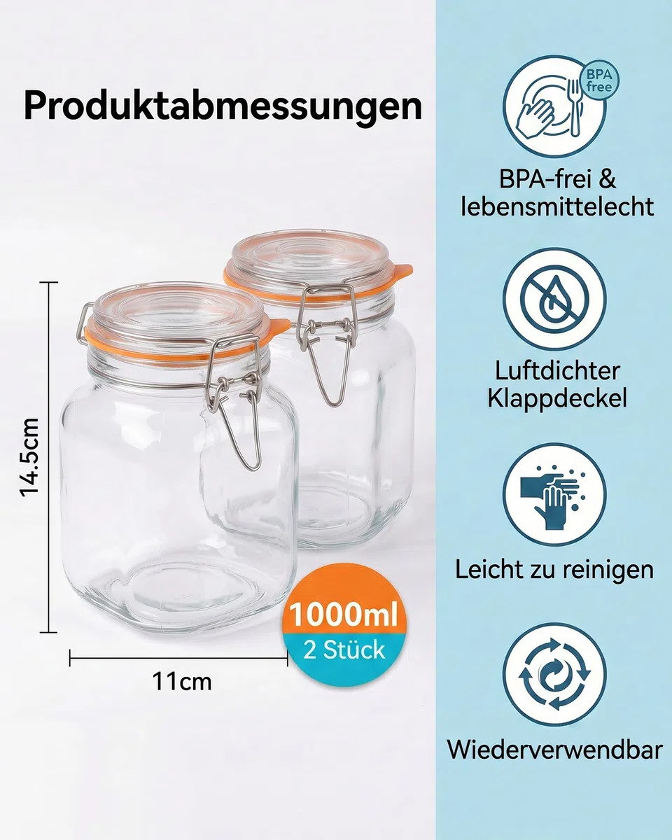 2er-Pack Fermentierglas 1L mit Gärventil und Gewicht: Premium Fermentationsglas Auslaufsicheres Fermentierset für Anfänger & Profis - 1000ml Gärglas für Sauerkraut, Pickles, Kimchi, Kombucha