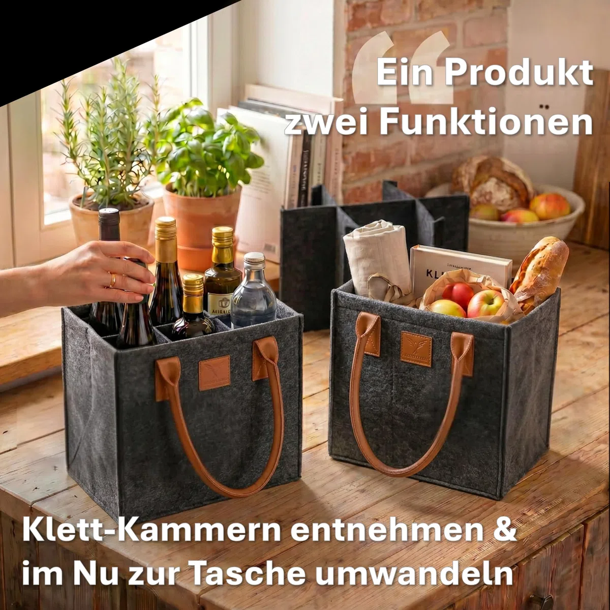 Flaschenträger für 6 Flaschen 1,5l EXTRA STABIL aus Filz – Flaschenkorb, Flaschentasche, Getränkekorb für Bier, Wein & Pfandflaschen – Flaschenaufbewahrung & Getränketräger (6 Fächer grau)