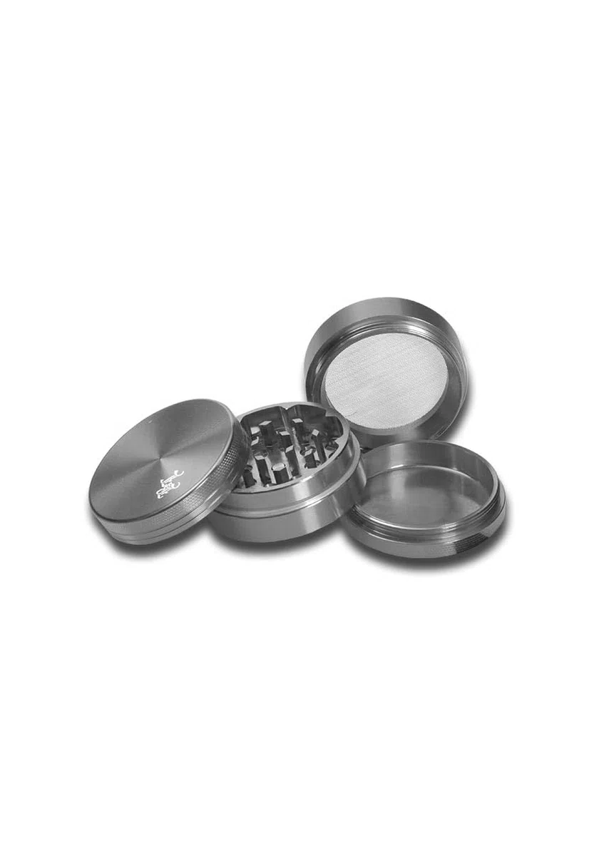 Black Leaf Kräuter-Mühle, Metall-Grinder, CNC-Grinder, ALU-Grinder | 4-teilig | 37 x 50 mm | Diamantschliff-Zähne | Aluminium, CNC-gefräst, grau/titan | mit Geschenkdose | von bong-discount
