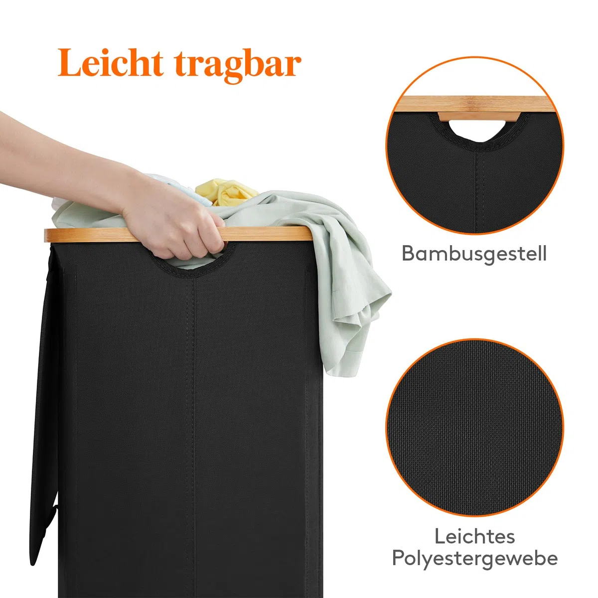 Lifewit 100L Wäschekorb mit Deckel, Wäschekörbe für Wäsche mit Bambus Griffe und Eine Abnehmbare Wäschesack, Große Faltbare Wäschekorb für Schlafzimmer, Bad, Schlafsaal, Waschküche, Schwarz