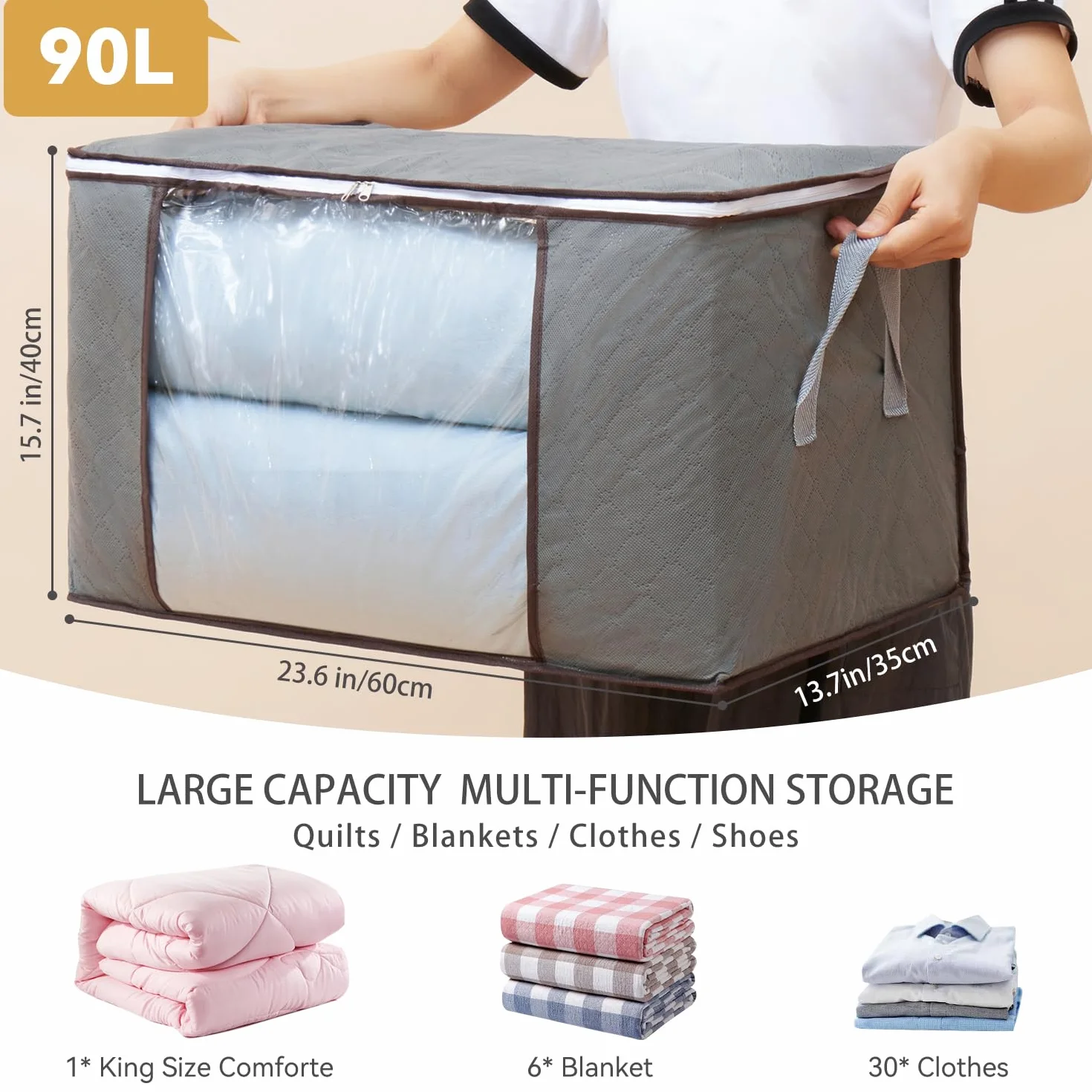 6 Stück 90L Aufbewahrungstasche, Aufbewahrungsbox mit Deckel, Groß Kleideraufbewahrung Umzugskartons, Faltbare Aufbewahrung Boxen für Bettdecken Decken Kleidung Unterbett Kleiderschrank, Grau