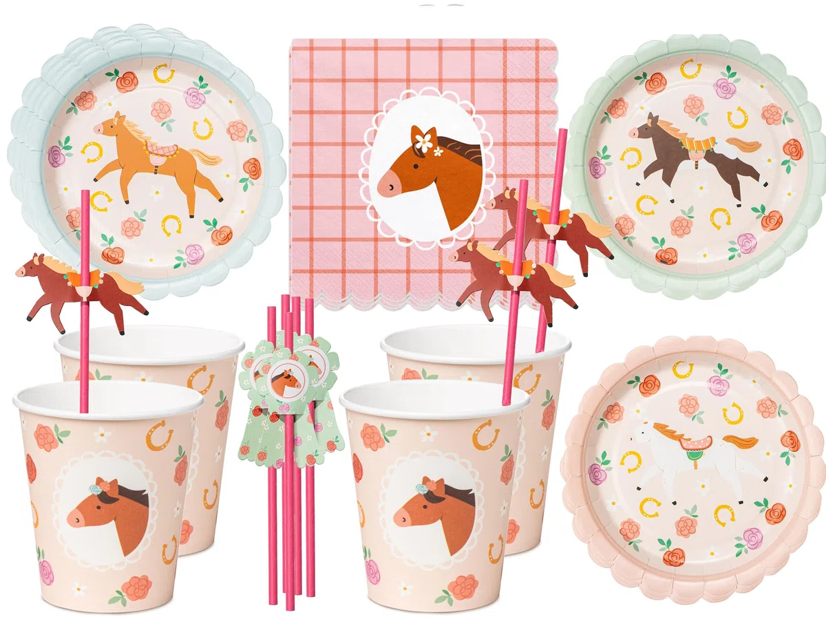 Libetui 48 Teile Geschirrset Pony Pferde Partygeschirr Kindergeburtstag – Pappgeschirr Set für 12 Personen mit Teller, Becher, Servietten & Trinkhalmen, Pferde Geburtstag Mädchen Jungen