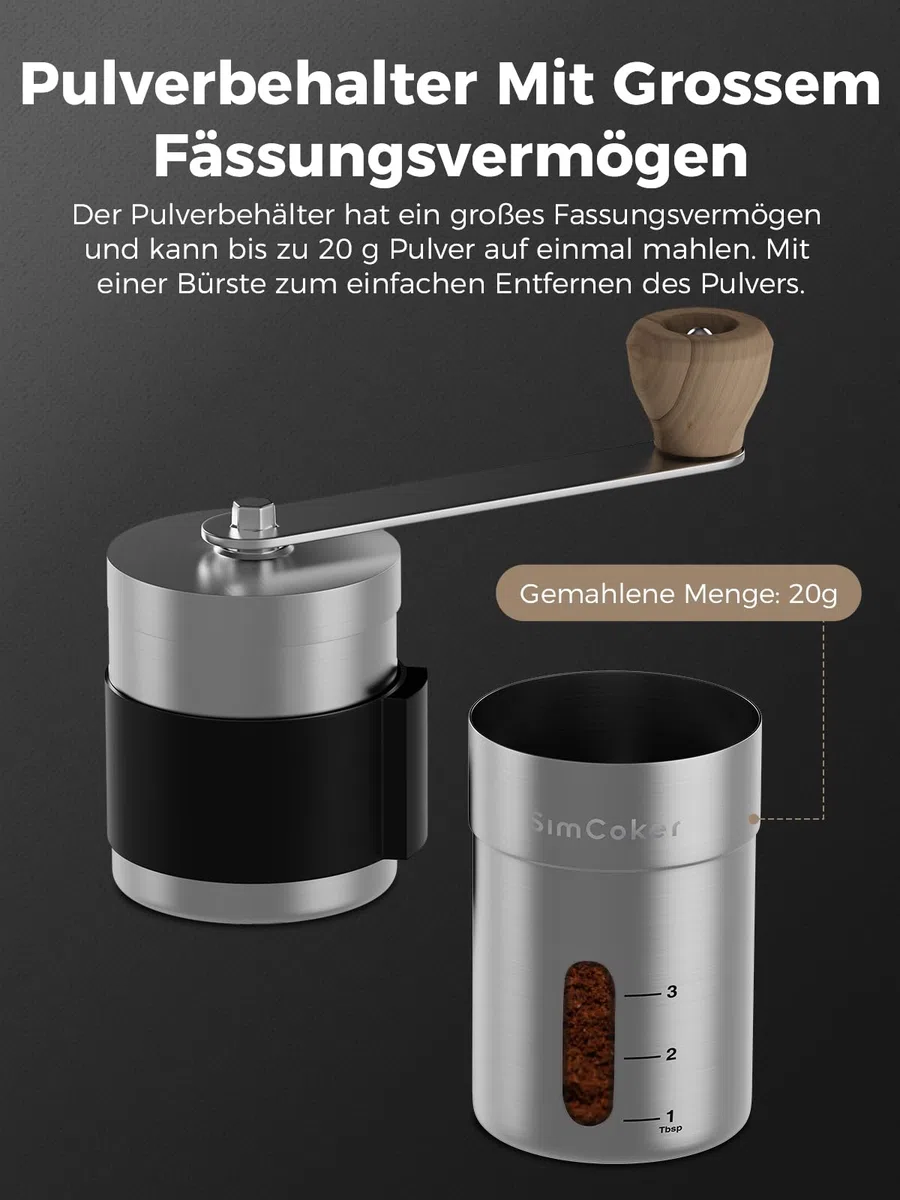 Kaffeemühle Manuell,Keramikmahlwerk mit 20 g Fassungsvermögen,Einstellbare Mahlgrad Einstellung,Hand Kaffeemühle für Outdoor und Camping,304 Edelstahl