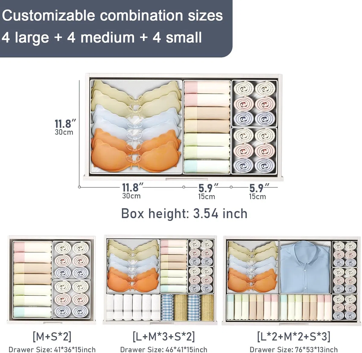 DIMJ Schubladen Ordnungssystem Organizer - Pax Organizer Wickelkommode, Stoff Aufbewahrungsbox Kleiderschrank Schubladen Stapelbar für Kleidung, Socken, BHS, 12 Stück, Weiß