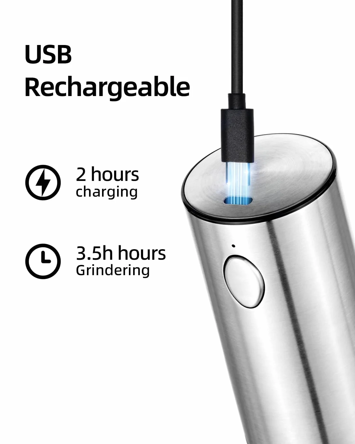 Elektrische Salz- und Pfeffermühle, Stufenlos einstellbarer Keramikmahlwerk aus Edelstahl, wiederaufladbar per USB, mit Bürste und Sichtfenster, Silber