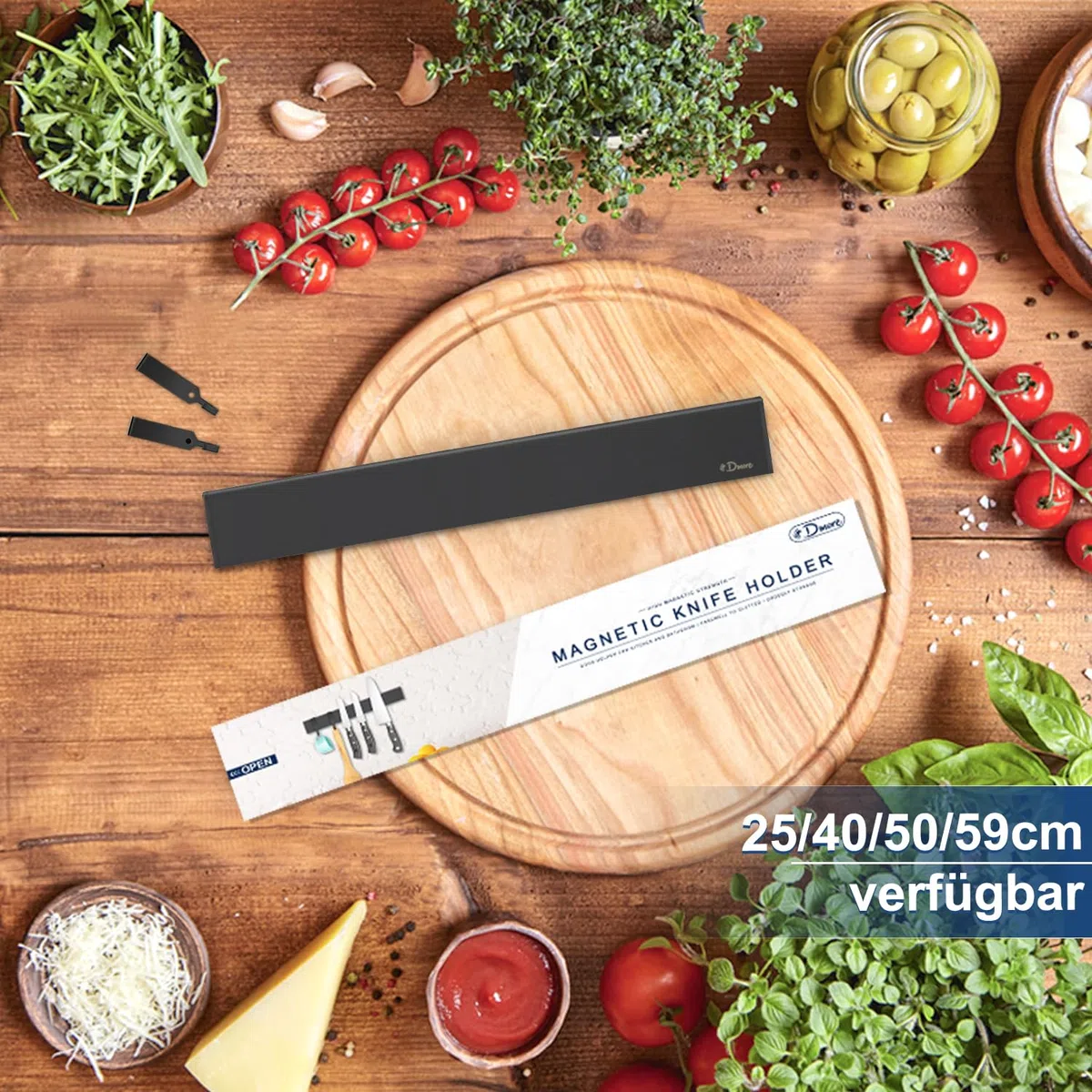 Dmore 25 cm Magnetleiste Messer mit 2 Haken, schwarzer Messerhalter magnetisch ohne Bohren, leistungsstarker Magnet Messerhalter, inklusive Klebeband und Schrauben für Messer, Utensilien und Werkzeuge