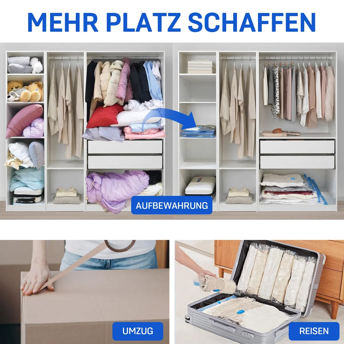 Captainfive Vakuumbeutel für Kleidung und Bettdecken, 12 Stück Vakuumierbeutel 3 Größen ((4*100x80cm + 4*80x61cm + 4*60x41cm), Vacuum Bags for Clothing mit 1 Handpumpe, Aufbewahrungsbeutel
