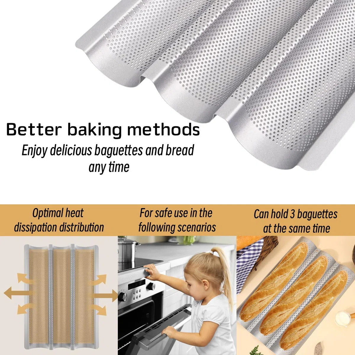 Baguette Backform, Brot Backen Zubehör, Baguette-Backblech mit Antihaftbeschichtung für 3 Baguettes, Backformen (38 x 27.5 x 3.2 cm, Silber)