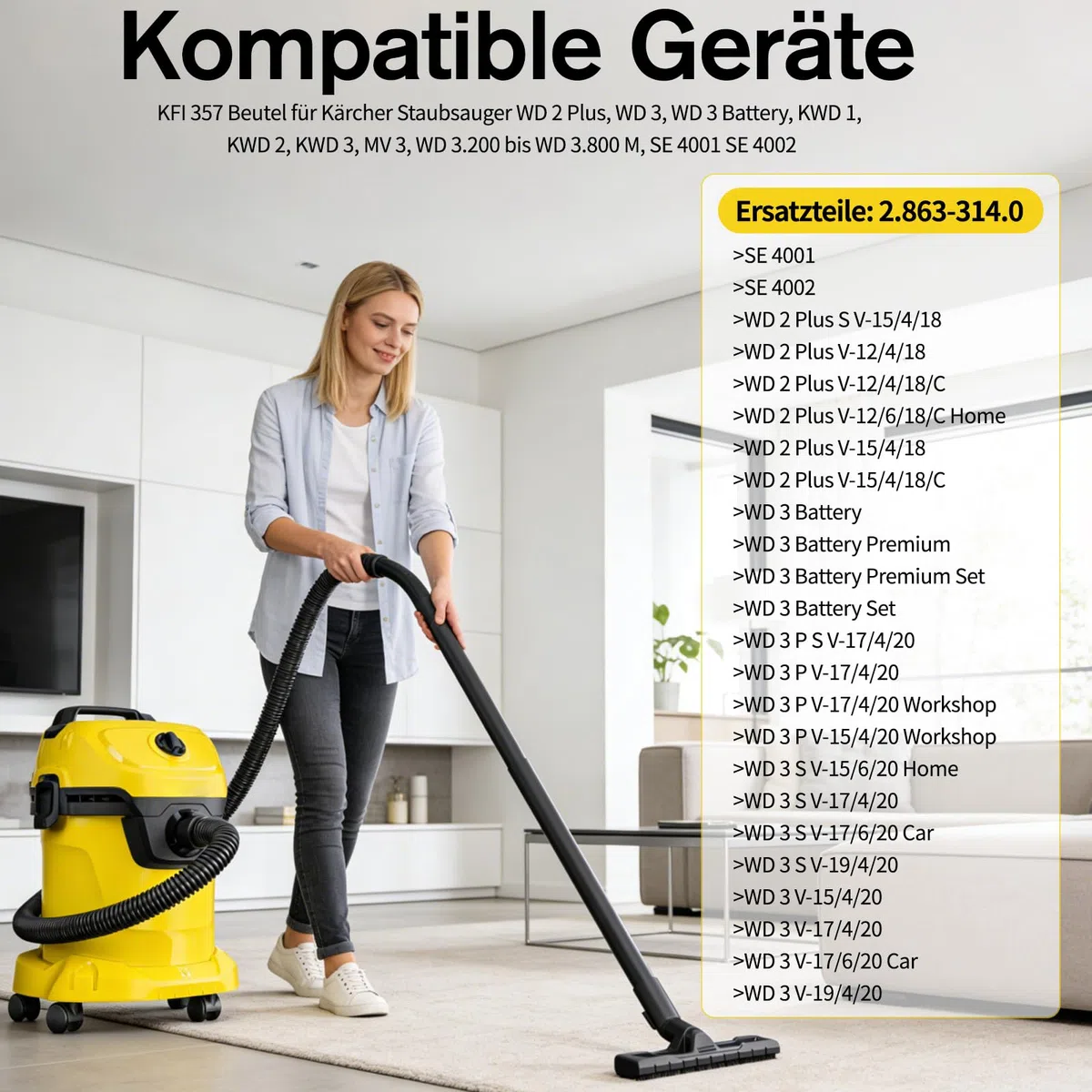 10 Stück KFI 357 Staubsaugerbeutel für Kärcher WD3 WD2/ KWD1 KWD2 KWD3/WD3.200-WD3.800M SE4001 SE4002Nass-/Für Nass- und Trockenbetrieb Staubsaugerbeutel,Ersetzt für Kärcher 2.863-314.0