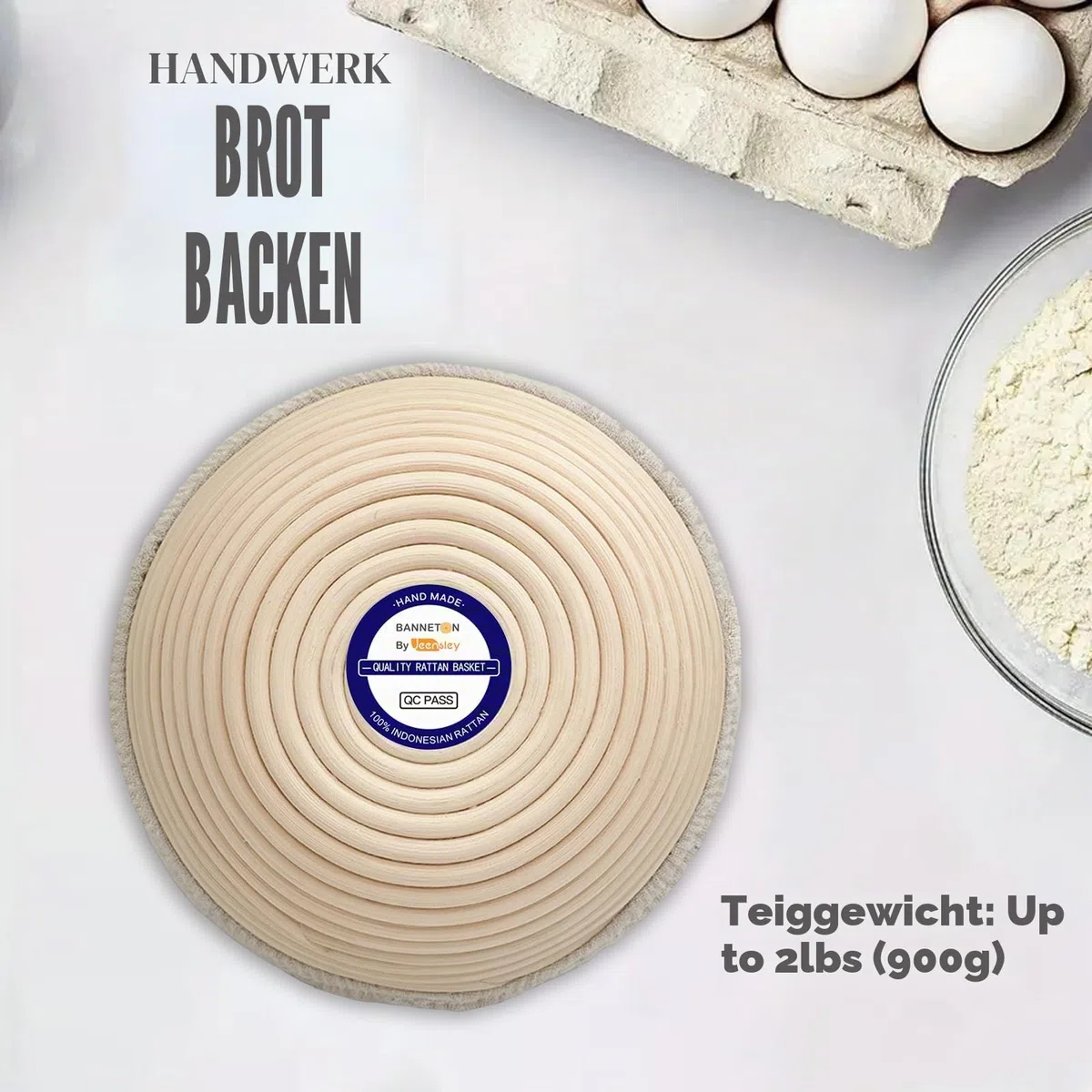 Gärkörbchen Sauerteig Brot Back Set mit Stoffauskleidung runder Gärkorb mit Schaber, Cutter, Liner und Zubehör, Handgefertigtes hochwertiges Rattan von Indonesien