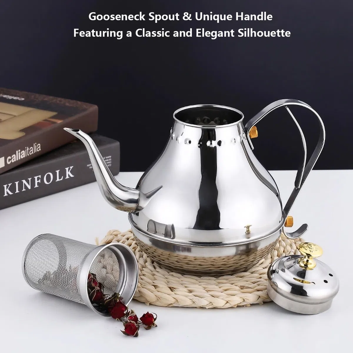 Royal Schwanenhals Teekessel Edelstahl Große Kapazität Multifunktionale Kaffeekanne mit eingebautem Sieb (Gold, 1800ml)
