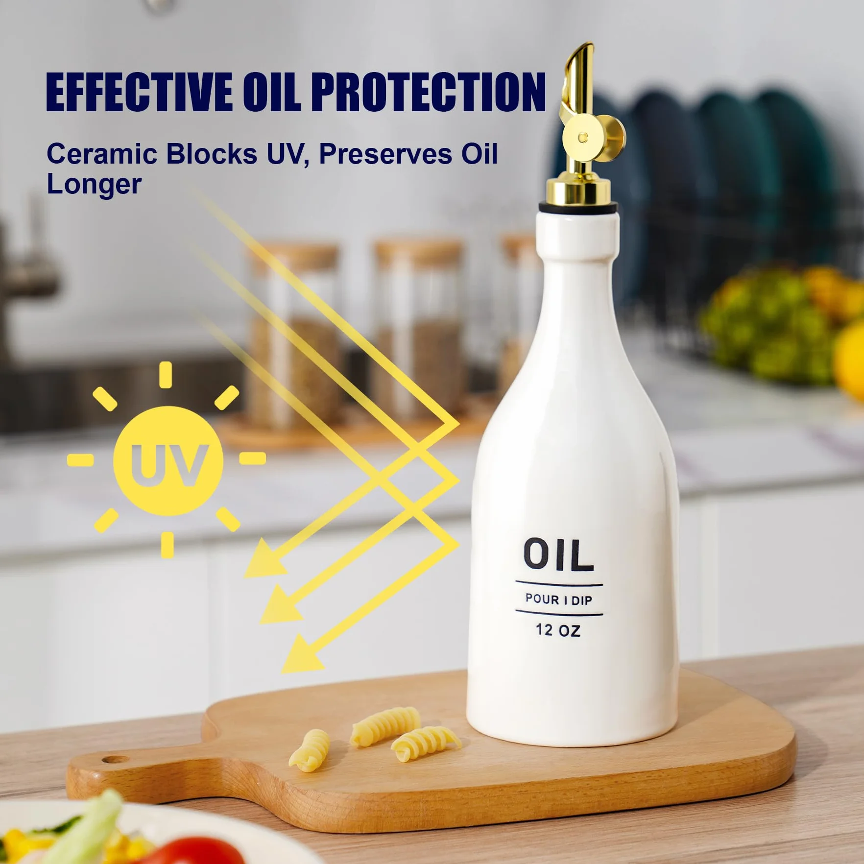 NiHome 350ml Keramik Ölflasche，Essig und Ölspender mit automatischem Ausgießer, spülmaschinenfest, UV-geschützter Olivenöl Flasche für die Küche zur optimalen Aromabewahrung, tropffreies Ausgießen
