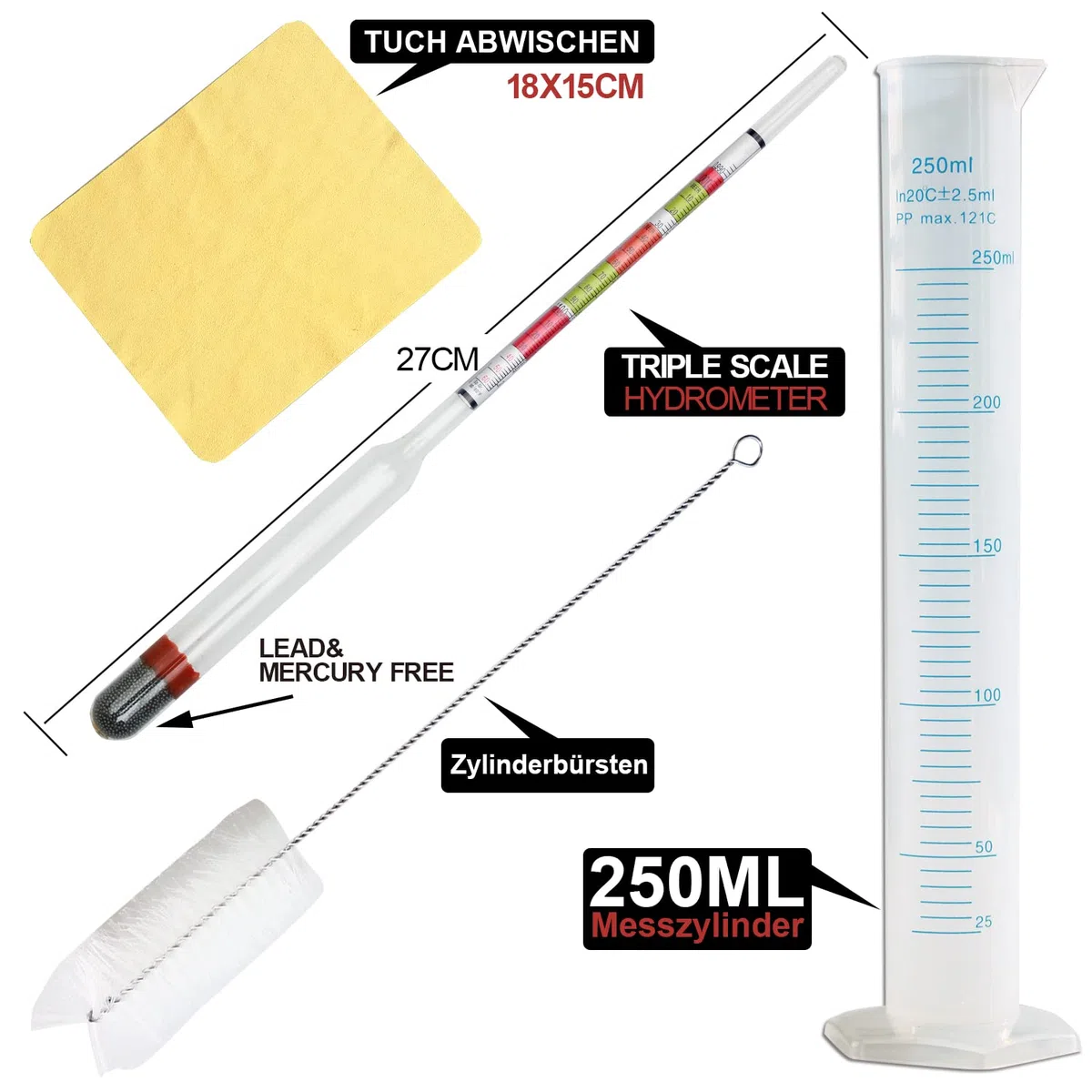 Zuckergehalt Messgerät Winzer Hydrometer für Hausbrauwein, Obstwein, Bier - Alkoholmeter zur Messerung von Dichte, Zuckergehalt, potentiellen Alkoholgehalt vor der Gärung(Enthält Messzylinder)