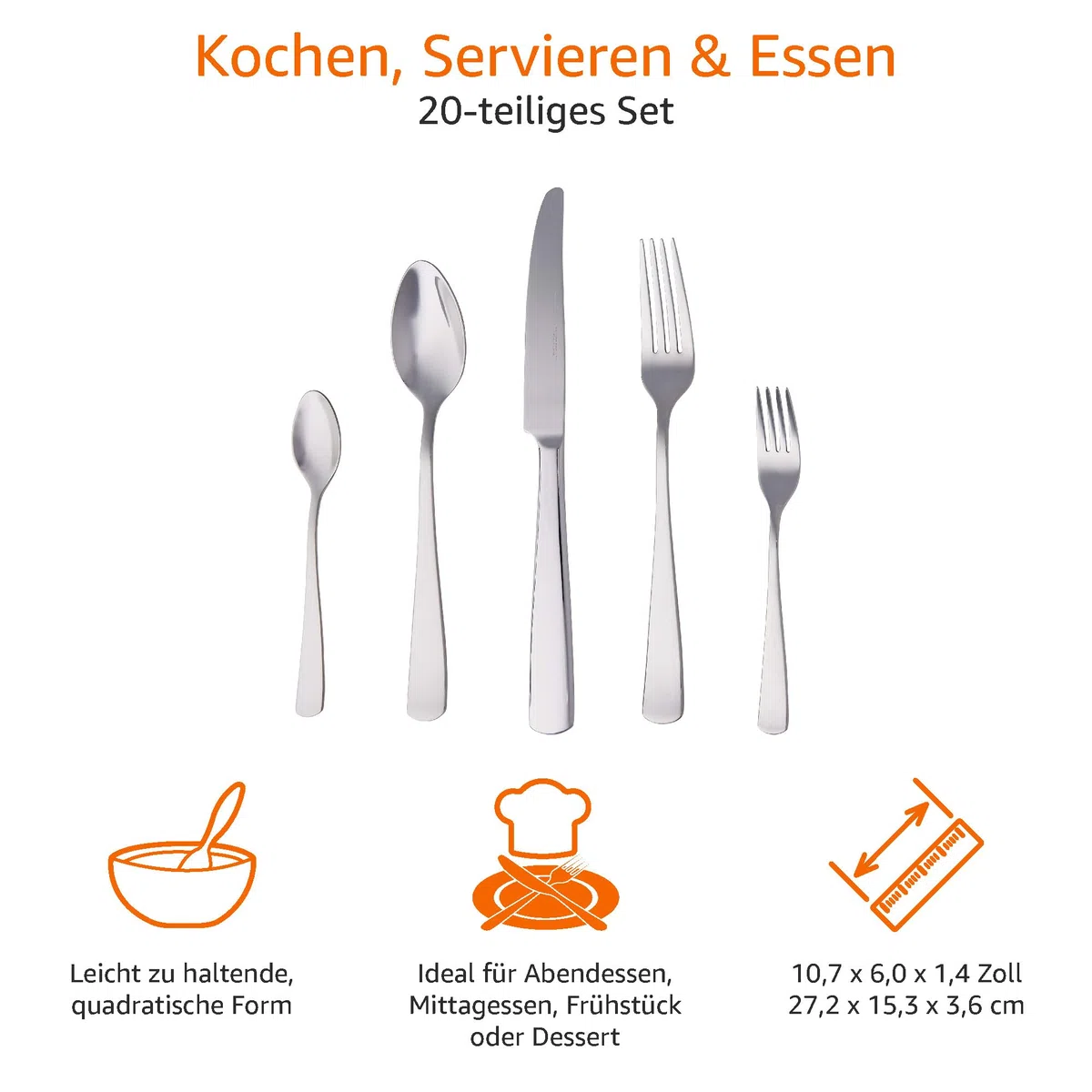 Amazon Basics Essbesteck-Set mit Eckiger Rand, Edelstahl, 20 Stück Set, für 4 Personen, Silberfarben