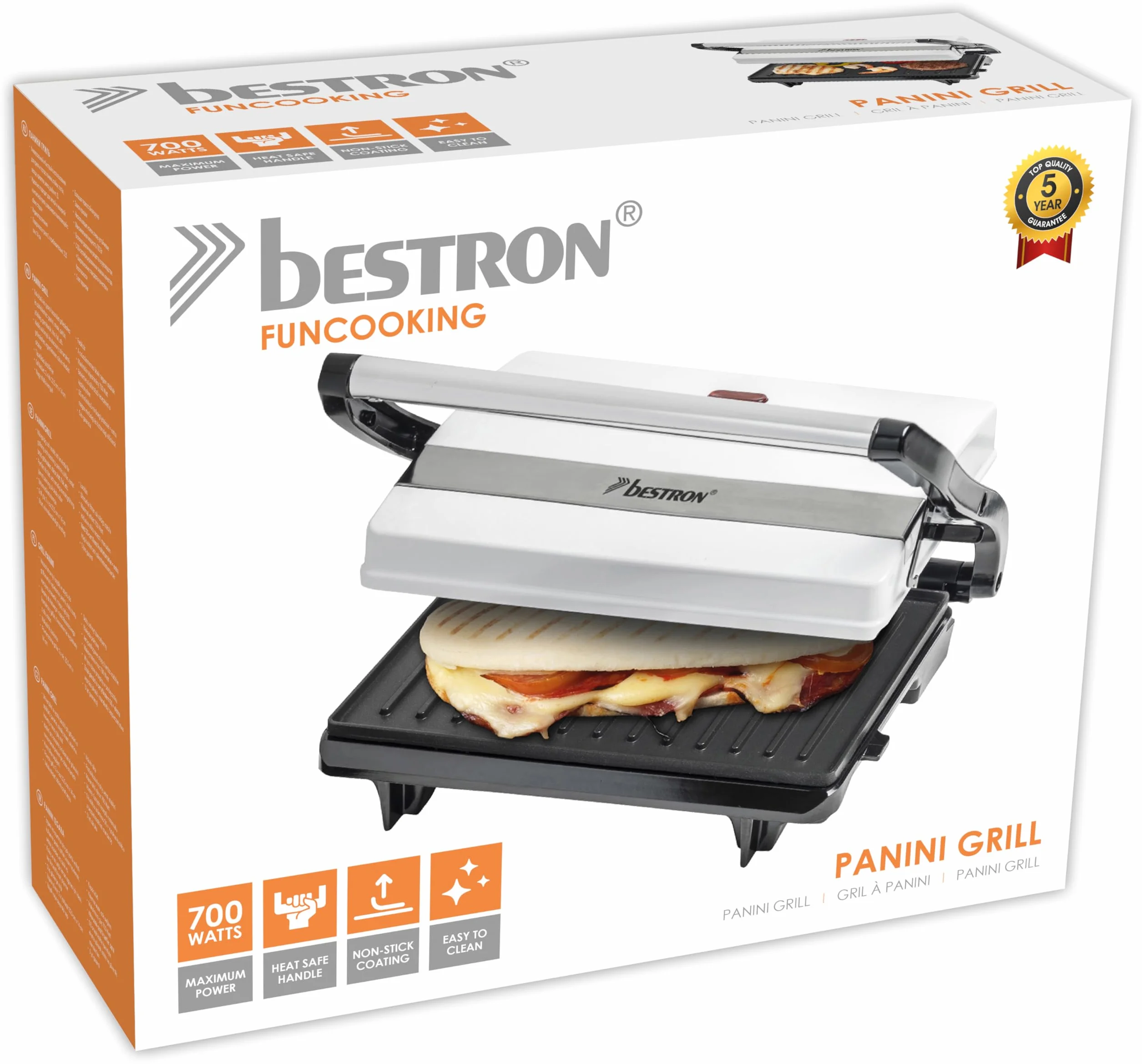Bestron Kontaktgrill mit Auffangschale, Sandwichmaker mit Cool-Touch-Handgriff, Paninimaker mit Antihaftbeschichtung, 700 Watt, APM123W, Farbe: Weiß
