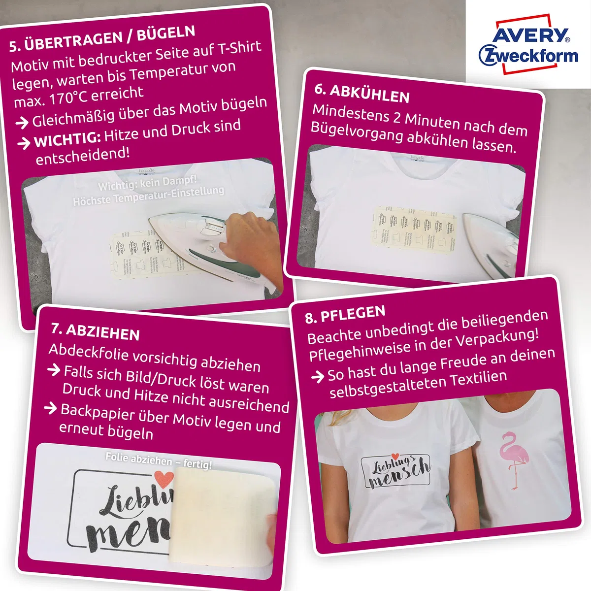 AVERY Zweckform 20 Textilfolien, T-Shirt selbst gestalten, T-Shirt bedrucken (Bügelfolie, helle Textilien, DIN A4, bedruckbare T-Shirt Folie zum Aufbügeln, Transferfolie für Inkjet-Drucker) MD1010