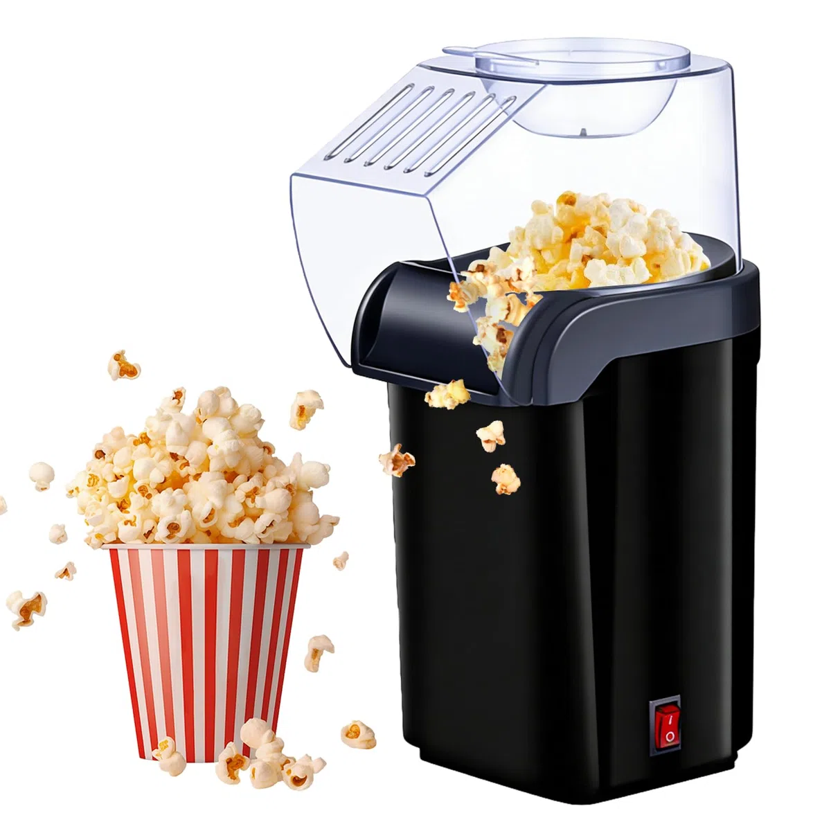Heißluft Popcornmaschine - 1200W Mini Heißluft Popcorn Maker Ohne Öl Fett, 3 Min Schnellstart, One-Touch, Bedienung Kompakter Popcornautomat Retro Design für Zuhause Heimkino Weihnachten Party