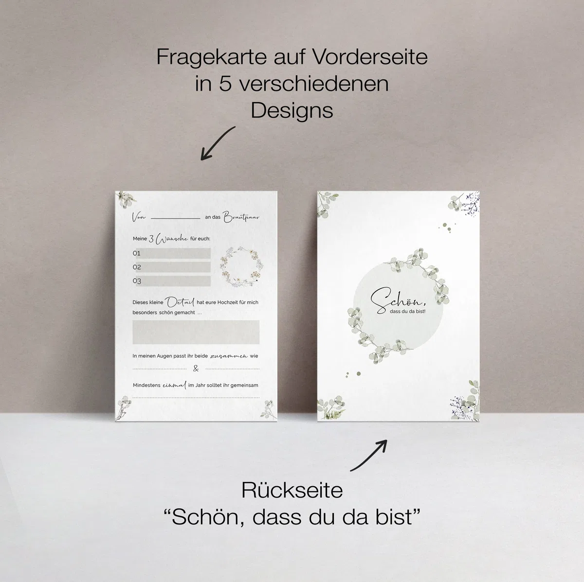 50 Gästebuch Karten für die Hochzeit mit Box | 5 verschiedene Designs | DIN A6 Postkartengröße | für alle Paare | Greenery & Eukalyptus Look