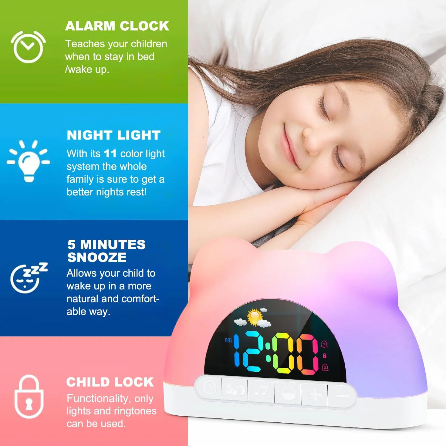 Azyh Kinderwecker, Wecker Digital für Mädchen Jungen, Schlaftrainer Kinder mit 11 RGB Farb Nachtlicht, OK zum Aufwachen der Plug-In Elektrische Wecker, 10 Soundeffekten, Dual Alarms, Snooze, 12/24