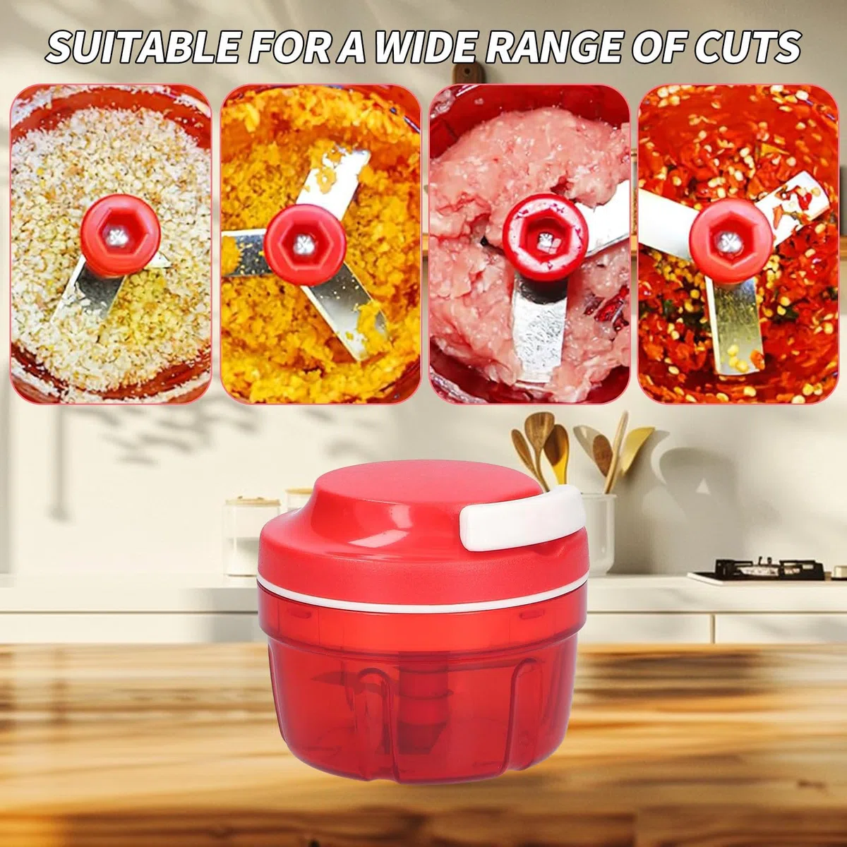 Zwiebelschneider, Zwiebelschneider mit Seilzug, Multizerkleinerer Manuell, Gemüseschneider Haushalt Kordelzug Design, Handbuch Gemüsehacker, Shredder Fleischmixer, Küchenbedarf (Rot-300ML)
