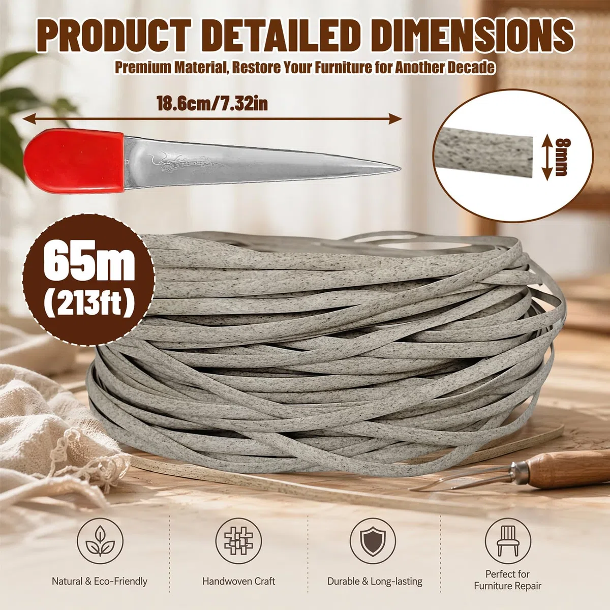 65m Kunststoff Gewebtes Rattan, Polyrattan Reparatur für Reparatur Von Outdoor, Gartenstuhl Ersatzbespannung, Synthetische Rattan Reparaturmaterial für Gartenstühle, Terrassenmöbel & Körbe (Beige)