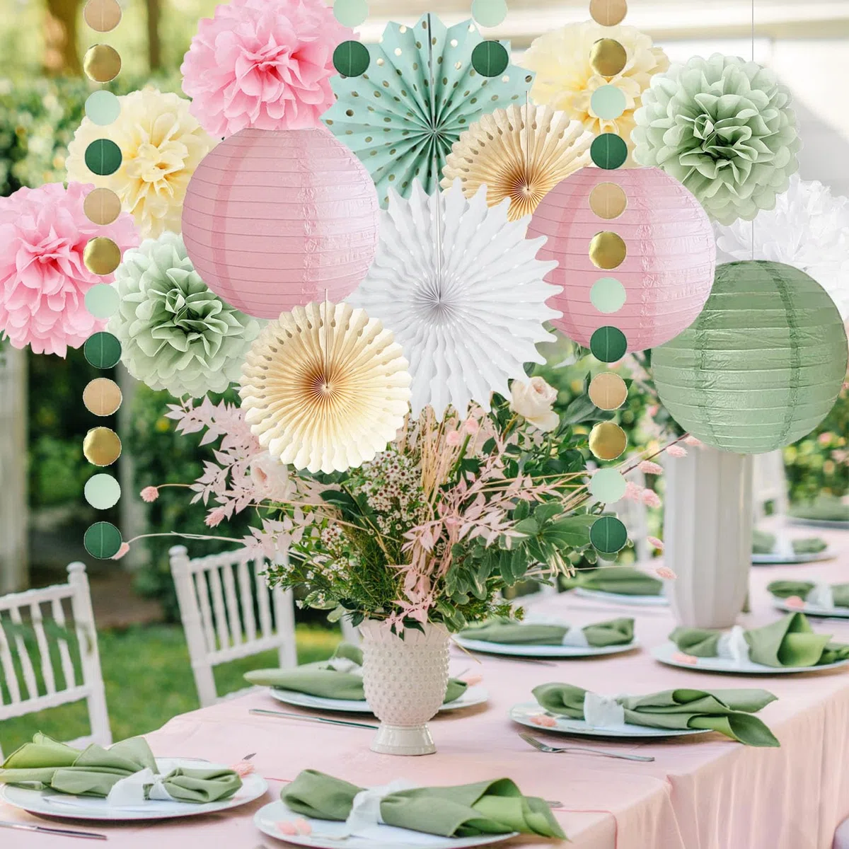 Salbeigrün und Rosa Party Deko Salbeigrün Beige Papierfächer Rosa Papierlaternen Salbei Geburtstag Mädchen Frau Deko mit Kreisgirlande für Babyparty Hochzeit Brautdusche Geburtstag Deko