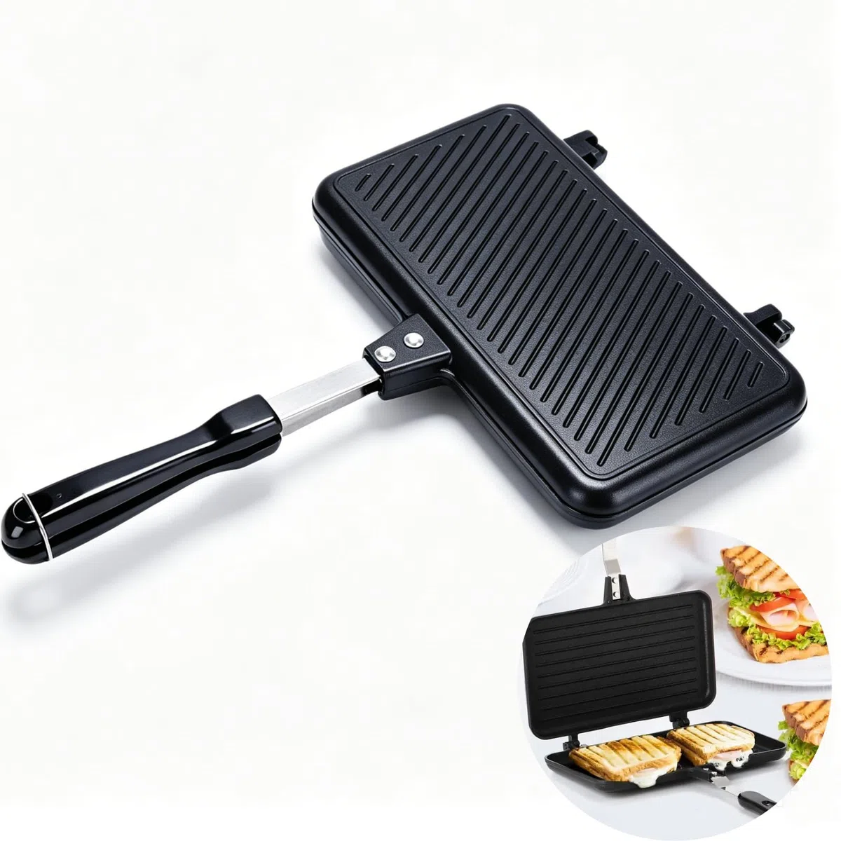 Doppelseitige Sandwich Maker Bratpfanne, Sandwichmaker Camping Doppelseitige Bratpfanne, Antihaft Aluminium Schwarz, Toastpfanne für Gasherd Camping und Frühstück