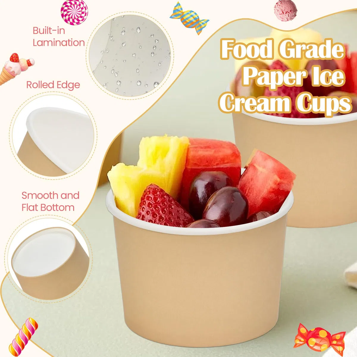 Kleemeiero Eisbecher Pappe 100 Stück Candybar EIS Becher to go pappbecher 240ml Einweg Papier Dessertbecher Holzlöffel Candy bar Becher Papierbecher Eisbecher aus Papier für Gefrorenen Joghurt Suppe