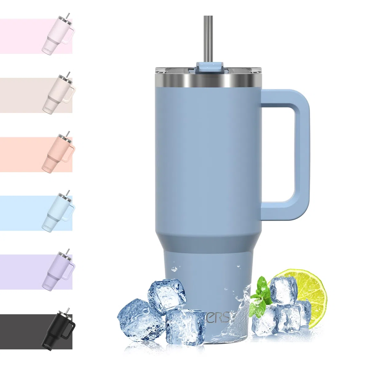 WATERSY 40oz Kaffeebecher to Go Thermobecher Doppelwandiger Edelstahl Vakuum Auslaufsicher Trinkbecher mit Griff und Strohhalm, Tragbare Autobecher Thermal Tumbler Smogblau für Kalte Heiße Getränke