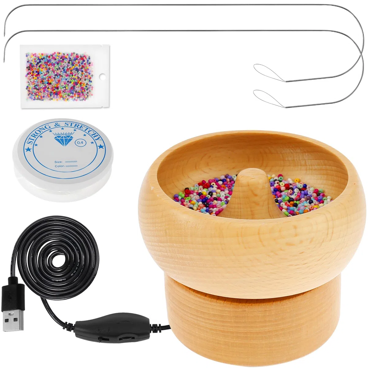 Elektrischer Holzperlen-Spinner, USB-betriebenes Spin-Perlenschüssel-Set, einstellbare Geschwindigkeit und Richtung, Spin-Perlenlader mit 2 Perlennadeln, 2000 Perlen für Armbänder, Schmuckherstellung