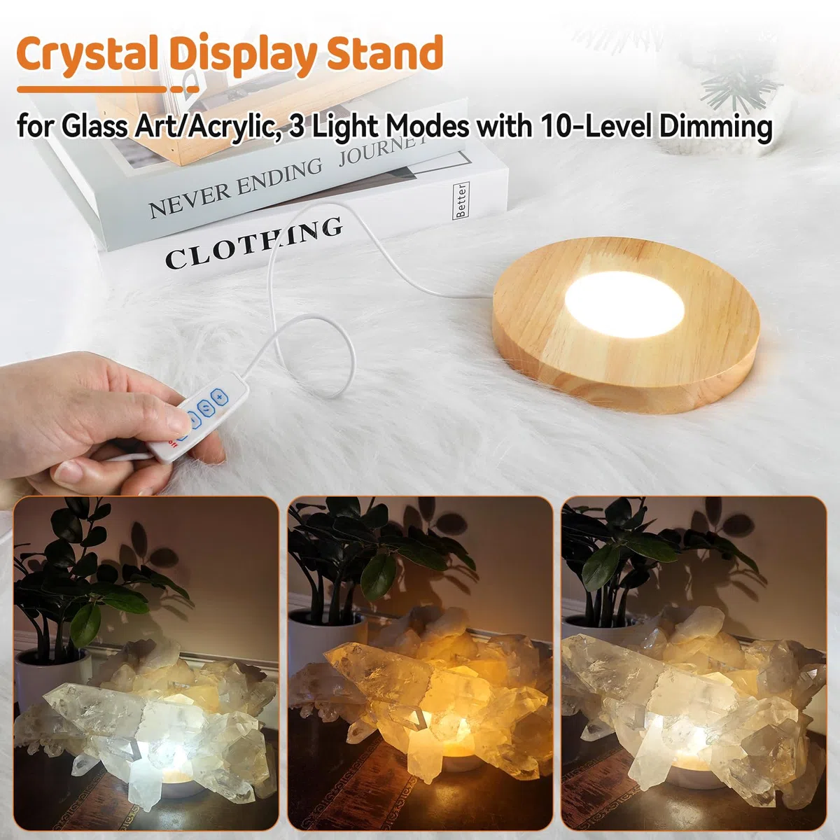 LED-Display-Ständer aus Holz, 15 cm, rund, mit 3 Leuchtmodi, USB-Kristall-Display-Basis, Holzsockel für Kristallglas, Harz, Kunst, Schmuck, Acryl (Holz), 2 Stück
