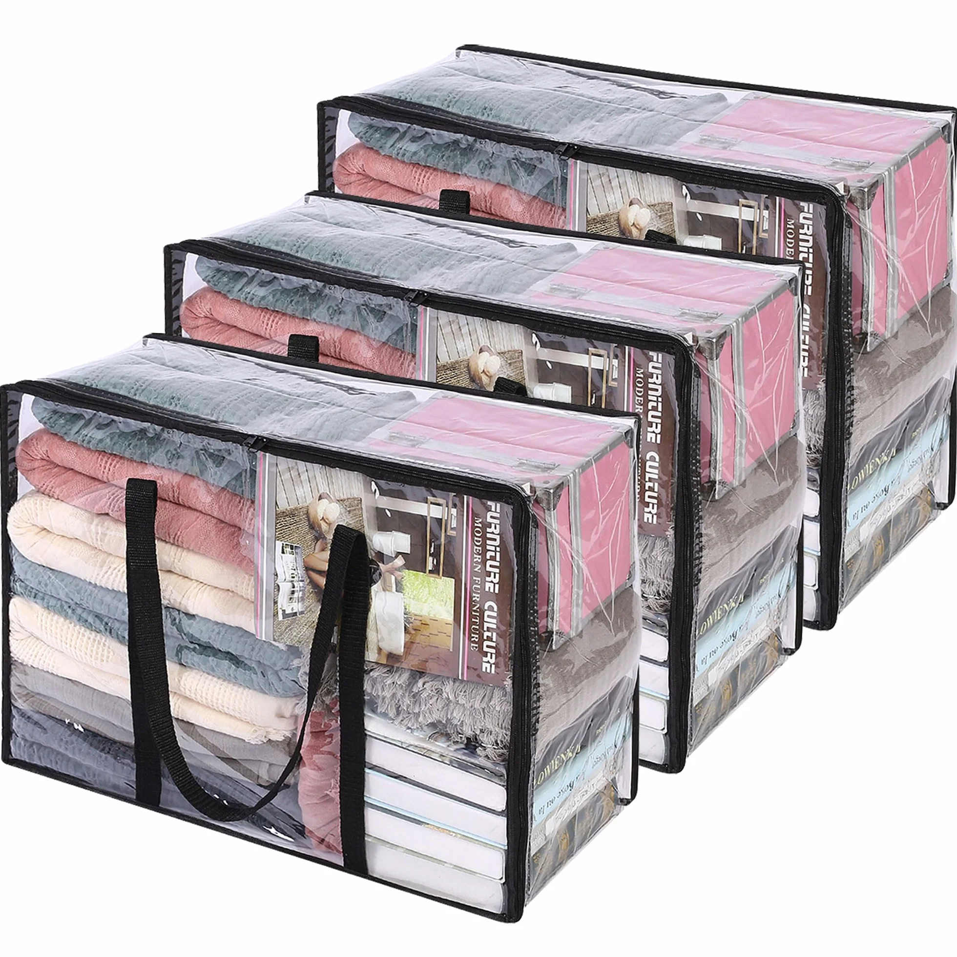 Vieshful 3 Stück Transparente Plastik Aufbewahrungstasche, 40L Organizer Aufbewahrungsbox Kleideraufbewahrung Umzugskartons für Bettdecken, Kleidung, Bettwäsche, Weihnachtskränzen und Steppdecken