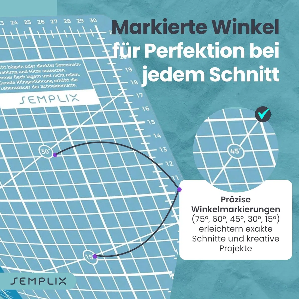 SEMPLIX Selbstheilende Schneidematte A0-A4 - Grün, Rosa, Grau, Türkis, Lila - Ideal fürs Basteln, Nähen & Patchworken - Beidseitig Bedruckt - Vorderseite cm Rückseite inch Bemaßung (Türkis-Petrol, A2)