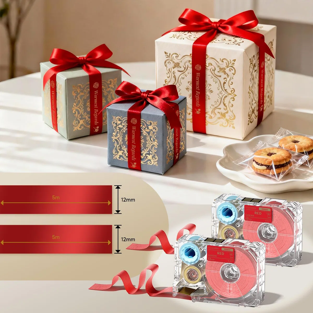 Phomemo A30 P15 Exklusiver verzierter goldener Textdruck auf rotem Satinband, Stoffbänder, individueller Text zum Geschenkeinpacken, Hochzeitssträuße, DIY-Bastelarbeiten, Valentinstag, Partydekoration