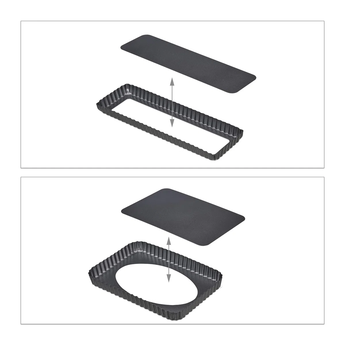Relaxdays Tarteform, 2er Set, mit Hebeboden, antihaftbeschichtet, 2 Größen, rechteckig & länglich, Quicheform, anthrazit