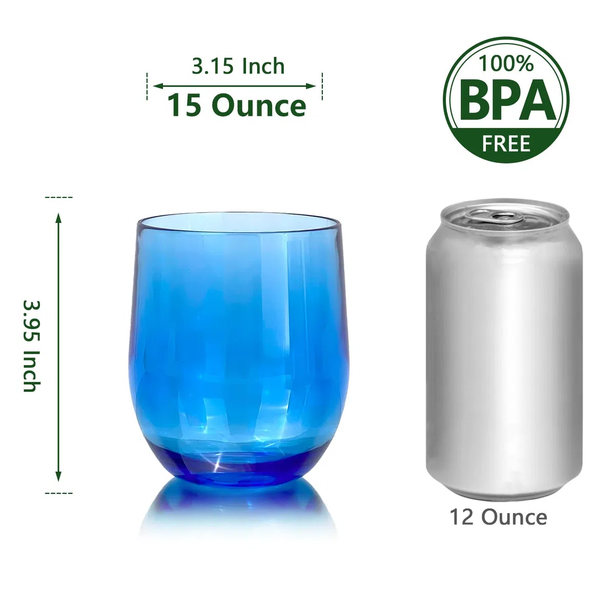 Set of 6 Acrylic Drinkware - 20 Ounce Plastic Wine Glasses, Shatterproof and Stackable, BPA Free, Dishwasher Safe, Reusable Cups for Parties and Poolside Use with (Blue, 15 Ounce)