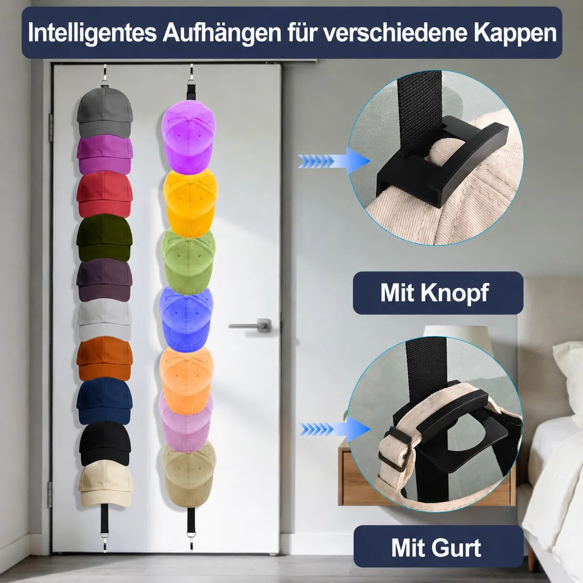 QUELIEN Cap Halter für Tür, Baseballkappen Organizer zum Aufhängen über der Tür, verstellbarer Kappenhalter ohne Bohren mit Display Haken, Hutablage für Schrank und Schlafzimmer, 1 Stück