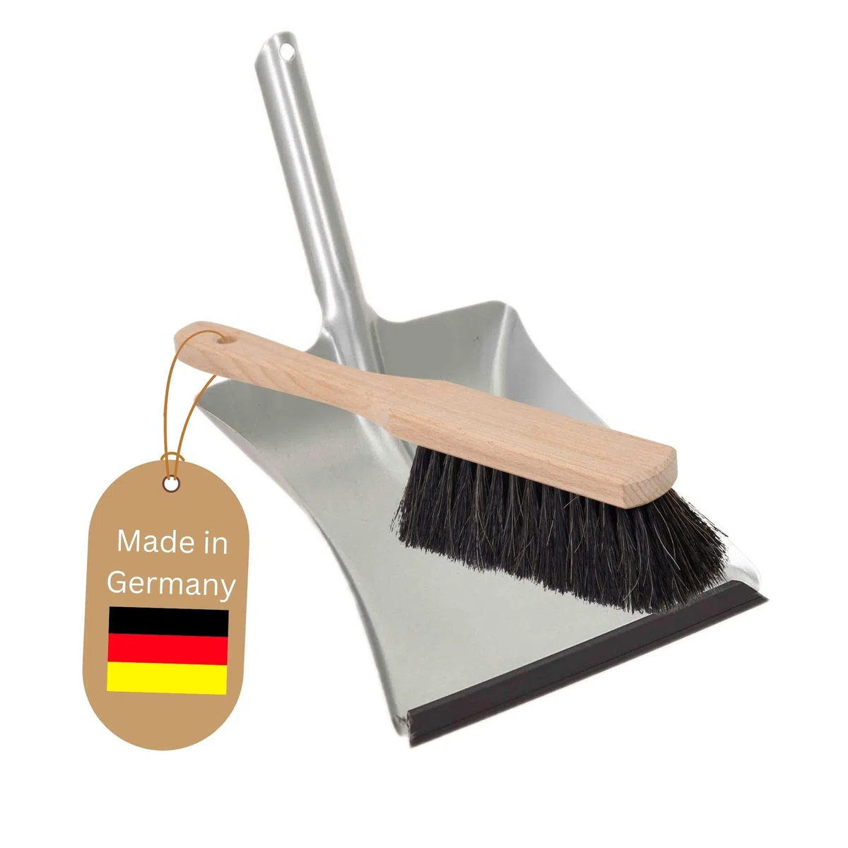 Novaliv Kehrblech Set - Handfeger ROSSHAAR und Kehrblech mit Gummilippe Silber verzinkt - Kehrblechbesen zum Aufkehren - Handkehrset mit Kehrschaufel und Feger