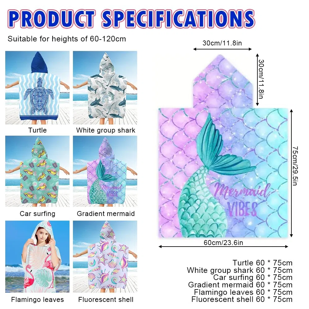 Badeponcho Kinder mit Kapuze, Mikrofaser Poncho Strandtuch, Handtuch Poncho für Mädchen und Jungen 2-8 Jahre (Meerjungfrau)