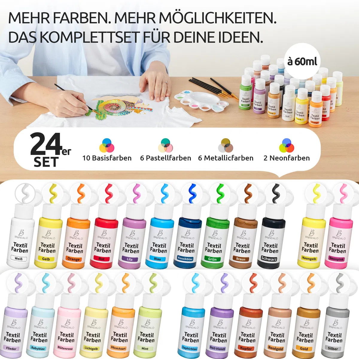 Premium 24x60ml Stoffmalfarben waschfest - Textilfarbe waschmaschinenfest - Stofffarben waschfest - Fabric Paint Textilfarben Stofffarbe Waschmaschine Stoffmalfarbe Stoff Farbe Textilfarbe zum malen