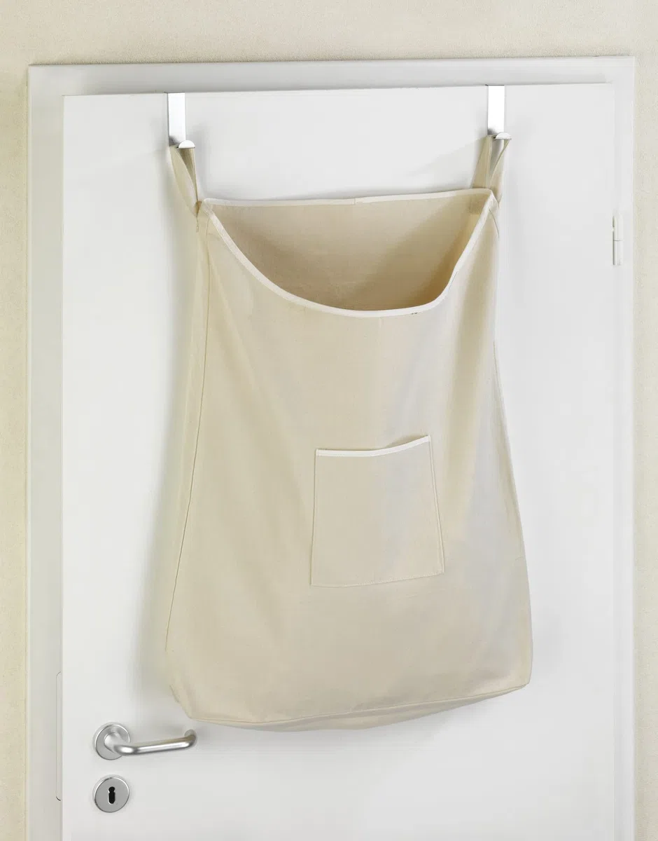 WENKO Über-Tür Wäschesammler Mod. Canguro Beige rostfreien Edelstahlhaken und praktischer Reisverschlussöffnung zur leichten Wäscheentnahme, 65 l Stauraum in einem Fach, (B x H x T): 52 x 81 x 10 cm