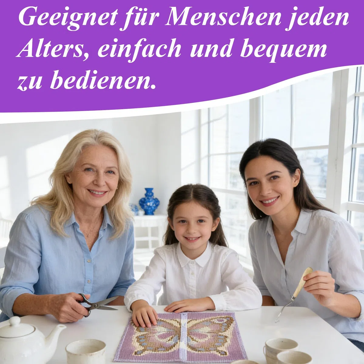 Komergave Knüpfen Set 43x43cm, Knüpfkissen mit Schmetterling Motiv, Knüpfteppich zum Selber Knüpfen für Erwachsene und Kinder, DIY Gehäkelter Kissenbezug für Wohndekoration