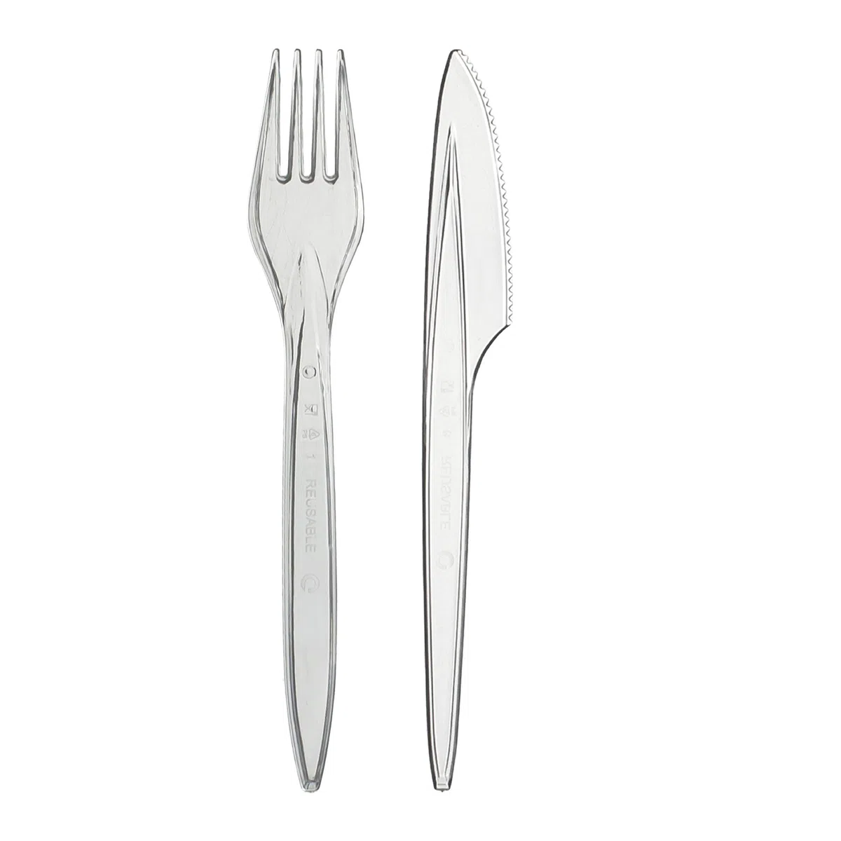 Plastikbesteck Set 100x Plastikgabel 100x Plastikmesser Mehrweg Geschirrset Partybesteck Plastikgeschirr Mehrwegbesteck Spülmaschinenbeständig (Transparent, 100Gabel+100Messer)