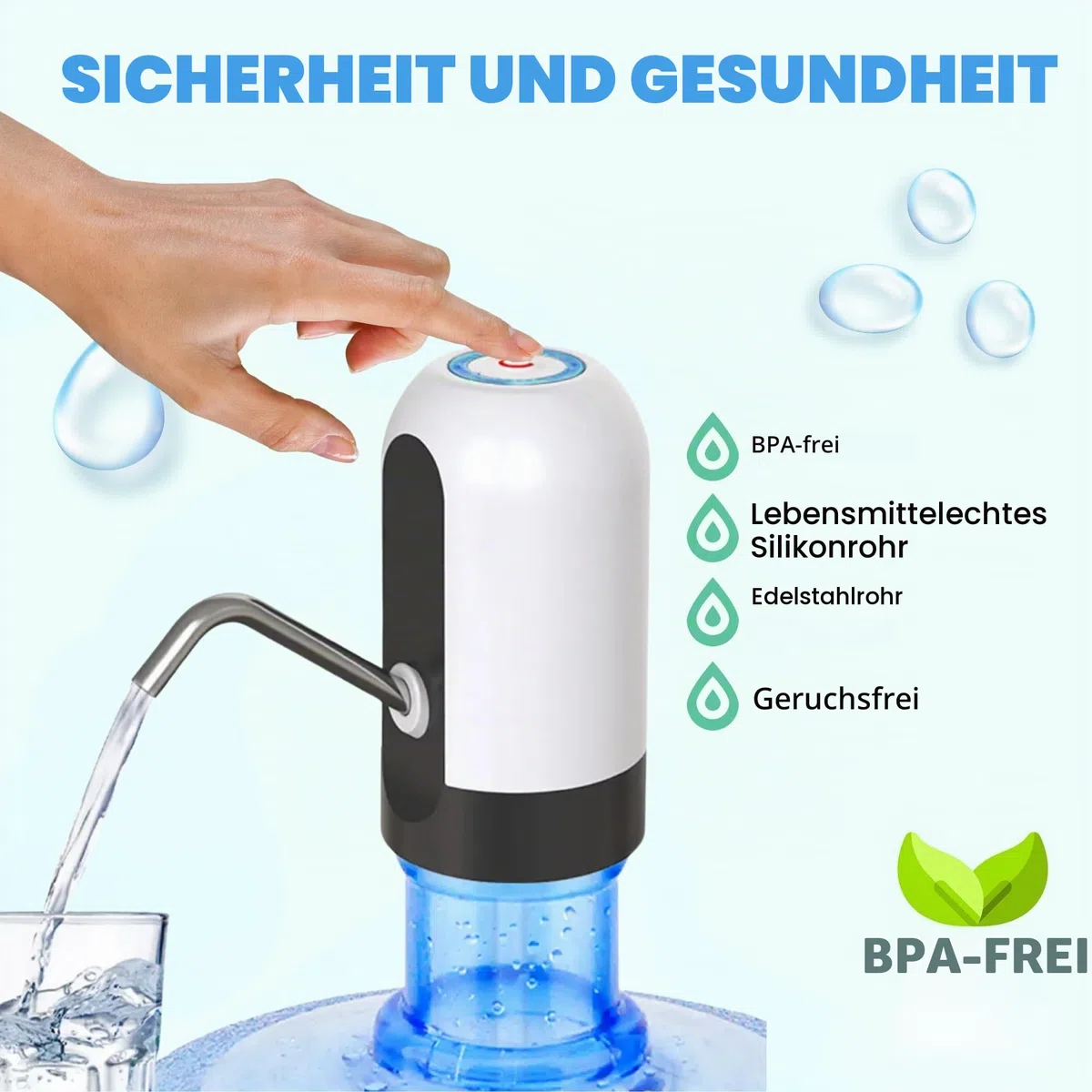 Wasserspender, elektrischer Wasserhahn für Kaltwasserkanister, Dosierpumpe mit zwei Adaptern, 5,7 l, 10 l, 11,3 l, 15 l, 18,9 l.