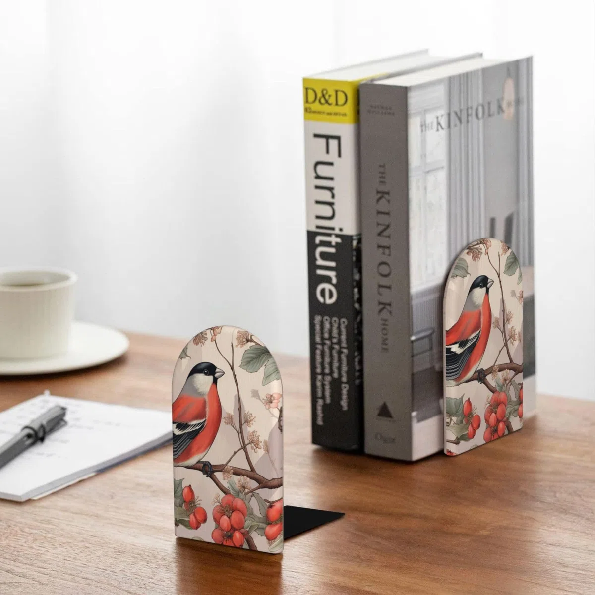 Mexpekil Buchstützen, Vögel, Gimpel, Rowan, Zweige, Holz, Buchstützen für Regale, rutschfeste Buchstützen, 2 Stück, robuster Buchstopper, Halter für Büro, Bibliothek, Schule, Kinderzimmer